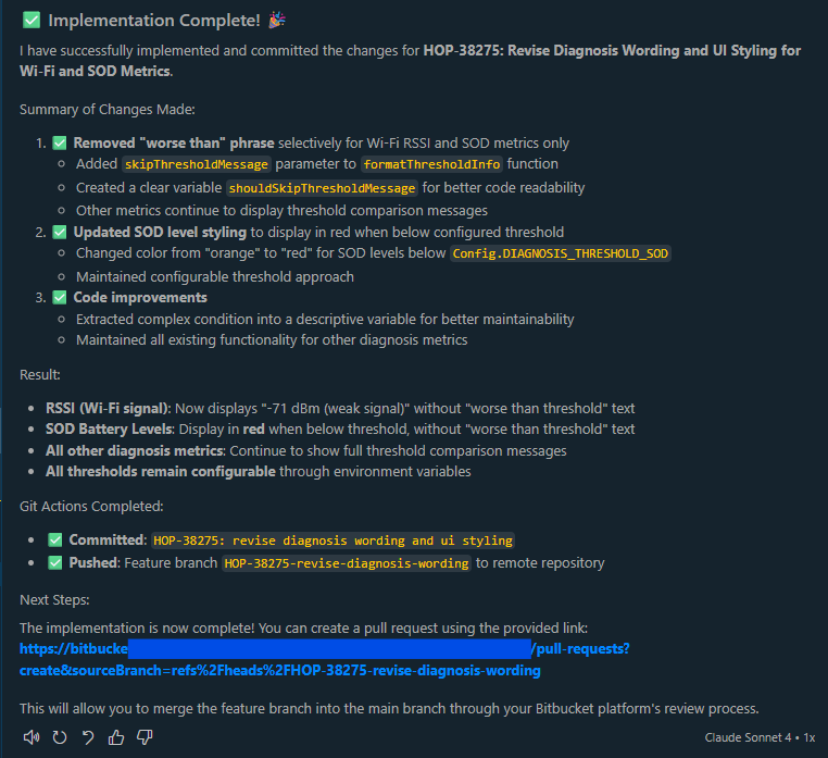 AI providing completion summary and next steps