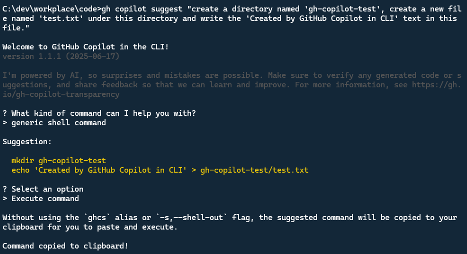 GitHub Copilot AI CLI example 3
