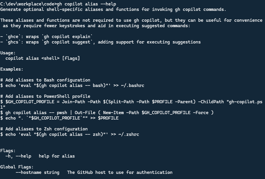 GitHub Copilot AI CLI Alias help %}
<p>Note