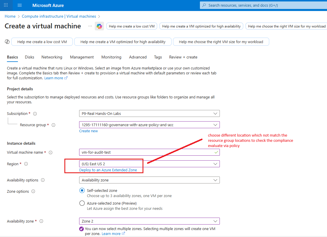 Azure Policy Create Non-Compliant Virtual Machine Resource